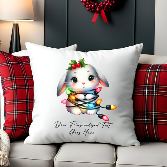 Personalised Rabbit Wrapped in Christmas Lights Cushion Cover Gift - Style A