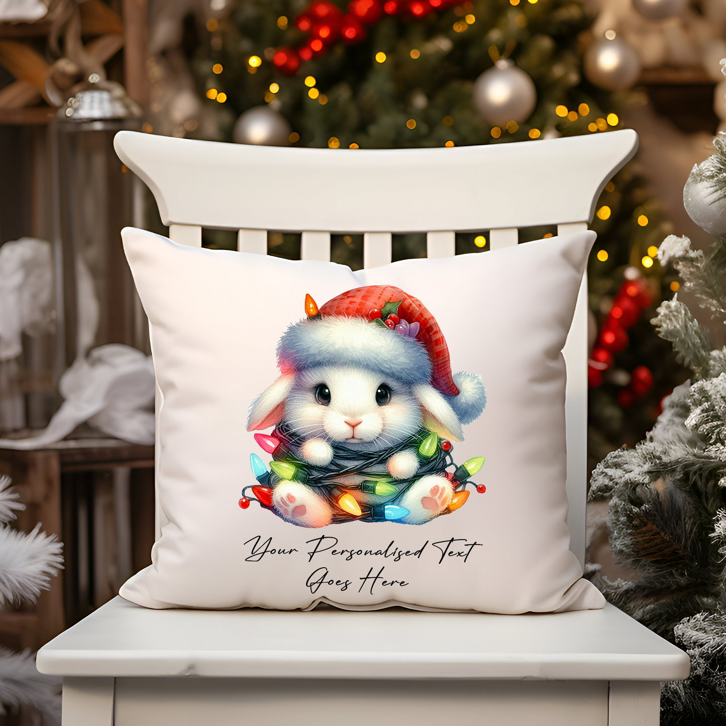 Personalised Rabbit Wrapped in Christmas Lights Cushion Cover Gift - Style B