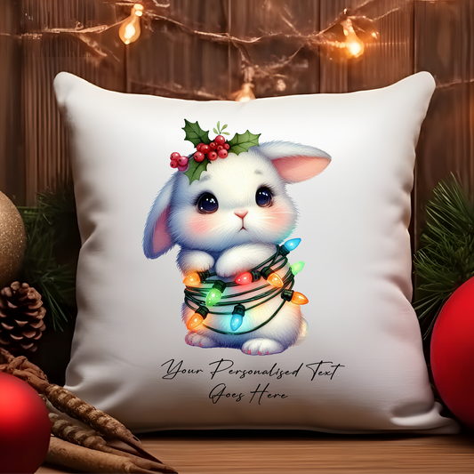 Personalised Rabbit Wrapped in Christmas Lights Cushion Cover Gift - Style C