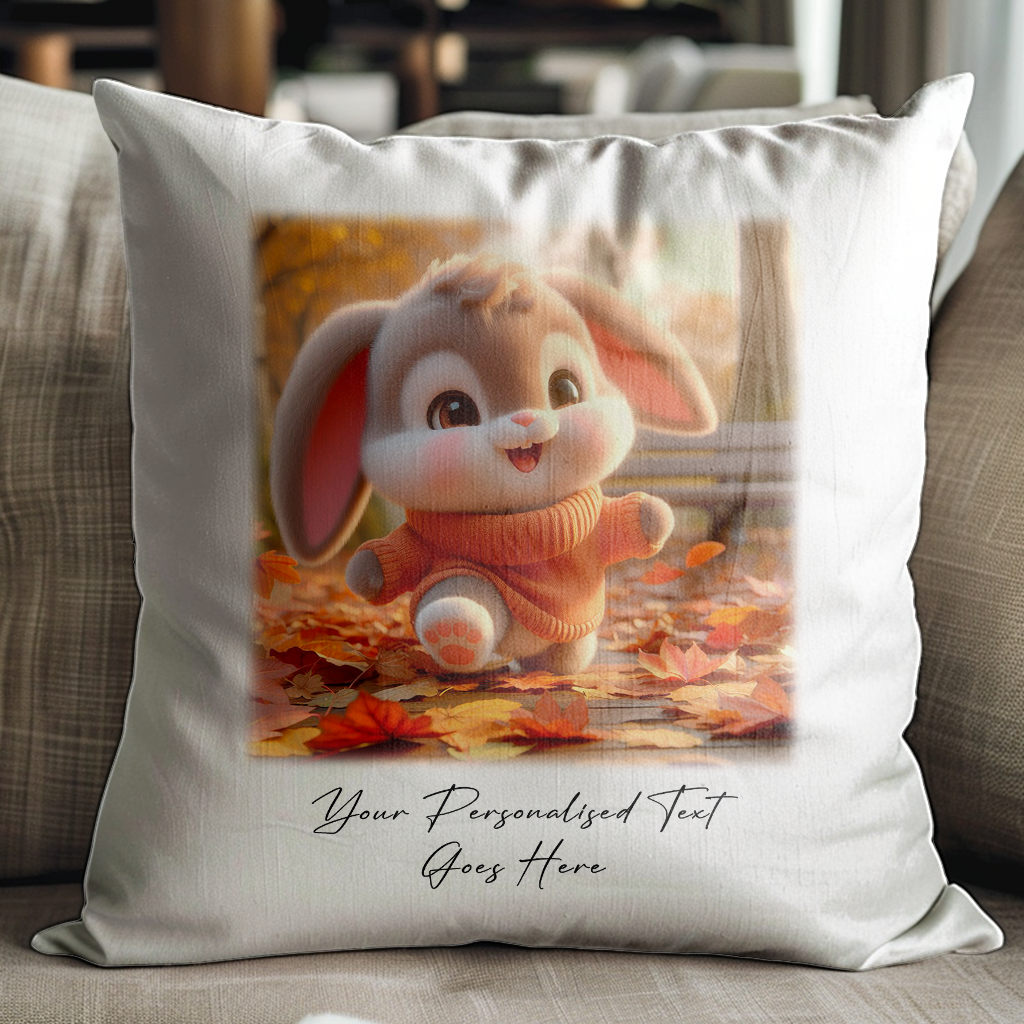 Personalised Cute Rabbit Playing in Autumn Leaves - Keepsake Gift Cushion, by Floppsie Moppsie – floppsiemoppsie at floppsiemoppsie.co.uk