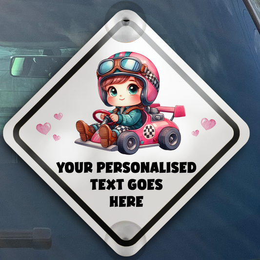 Personalised Baby Child On Board Car Window Sign - Pink Racing Driver