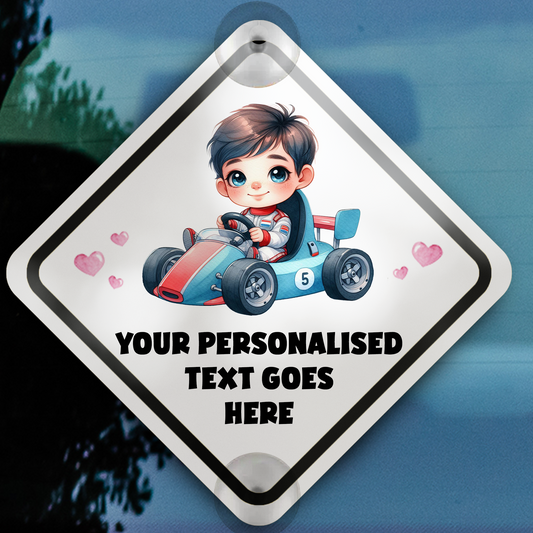 Personalised Baby Child On Board Car Window Sign - Blue Racing Driver