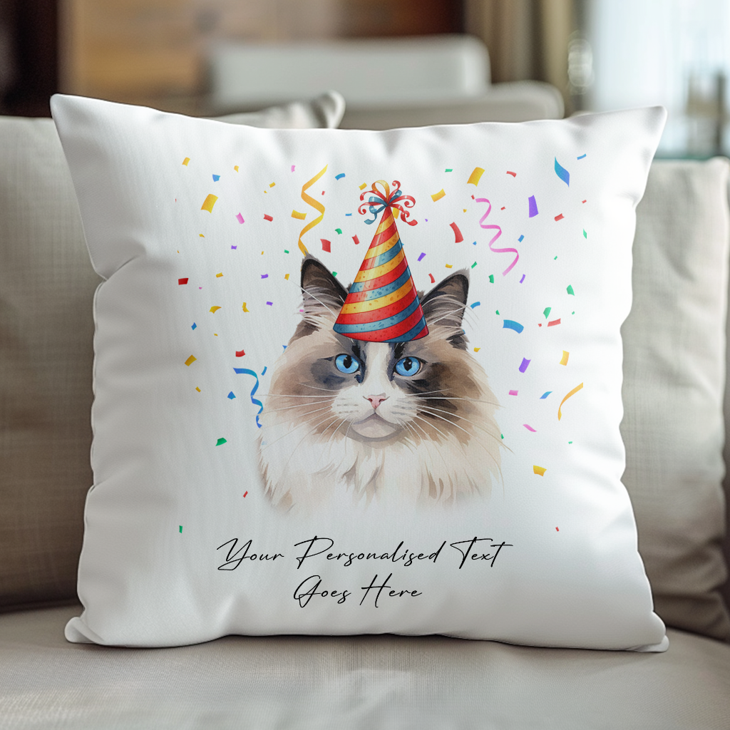 Personalised Ragdoll Birthday Party Hat Cat - Cushion Cover Gift