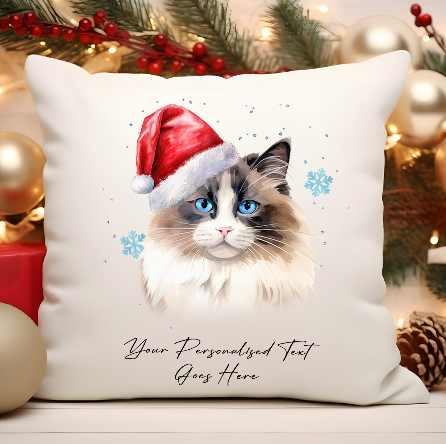 Personalised Cat Christmas Ragdoll in Santa Hat - Cushion Cover Gift