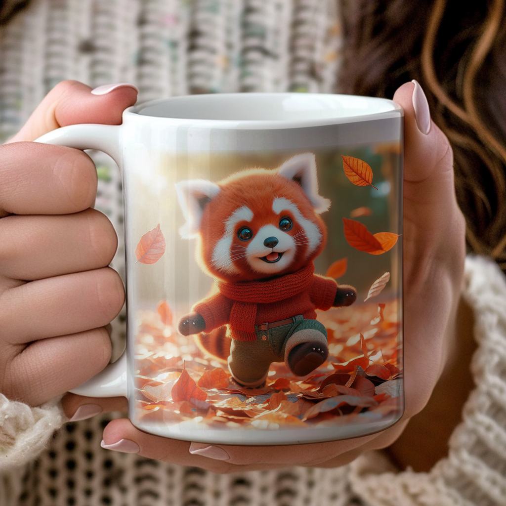 Personalised Cute Red Panda Playing in Autumn Leaves - Keepsake Gift Mug, by Floppsie Moppsie – floppsiemoppsie at floppsiemoppsie.co.uk