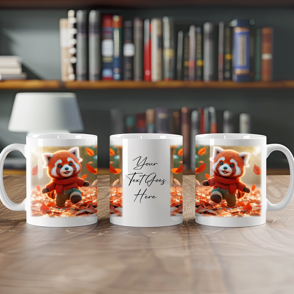 Personalised Cute Red Panda Playing in Autumn Leaves - Keepsake Gift Mug, by Floppsie Moppsie – floppsiemoppsie at floppsiemoppsie.co.uk