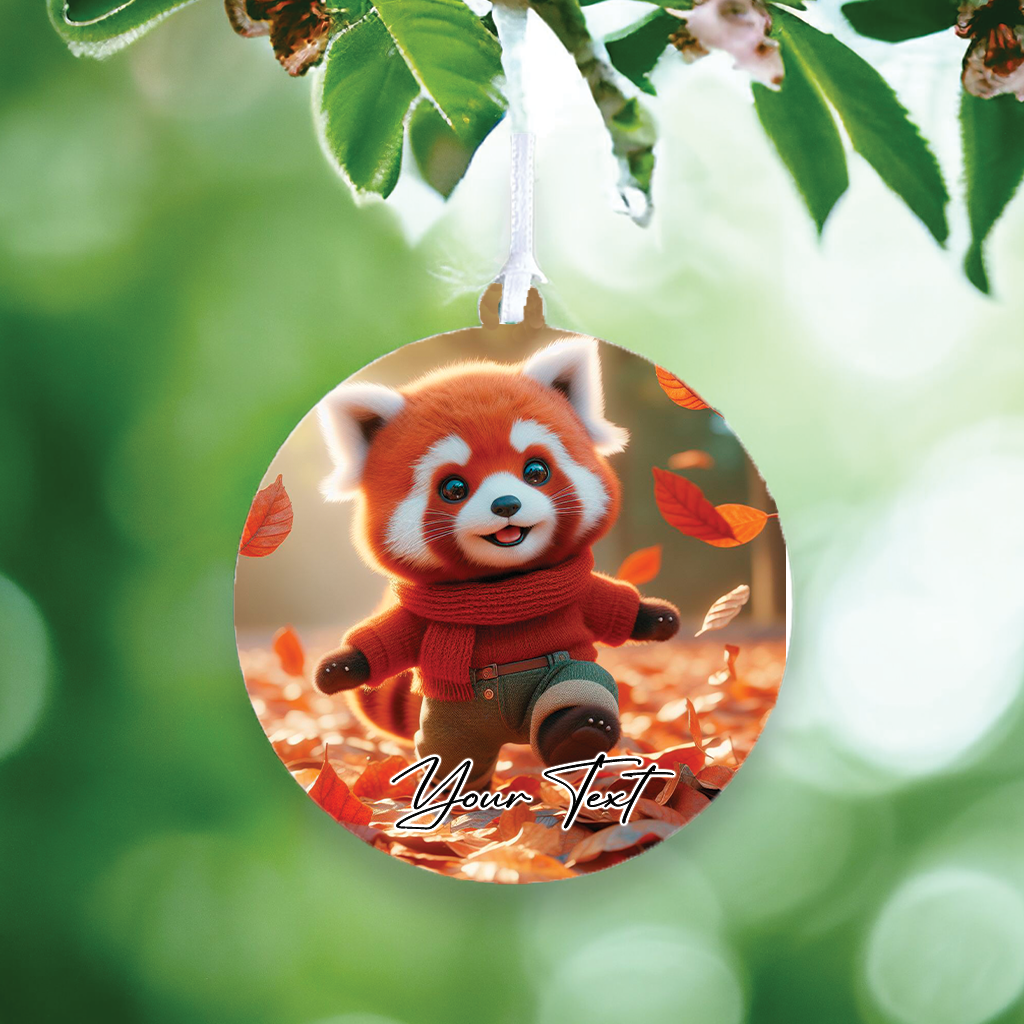 Cute Personalised Red Panda playing in the autumn leaves - Keepsake Gift Hanging Decoration, by Floppsie Moppsie – floppsiemoppsie at floppsiemoppsie.co.uk