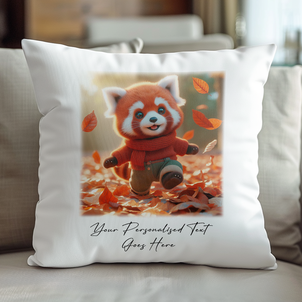 Personalised Cute Red Panda Playing in Autumn Leaves - Keepsake Gift Cushion, by Floppsie Moppsie – floppsiemoppsie at floppsiemoppsie.co.uk