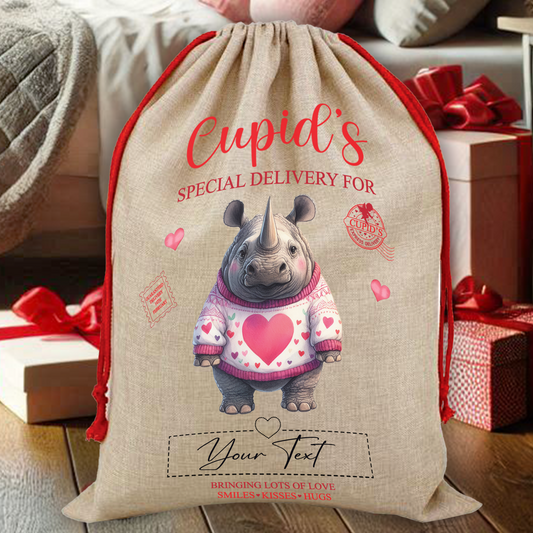 Personalised Animal Love Heart Valentine Anniversary Gift Sack - Rhino