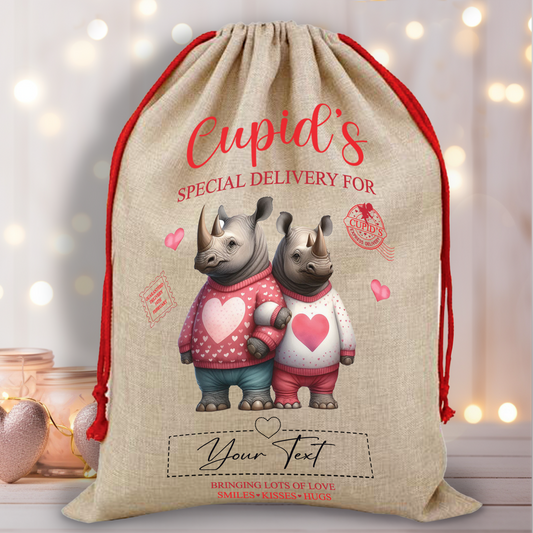 Personalised Animal Couple Love Heart Valentine Anniversary Gift Sack - Rhino