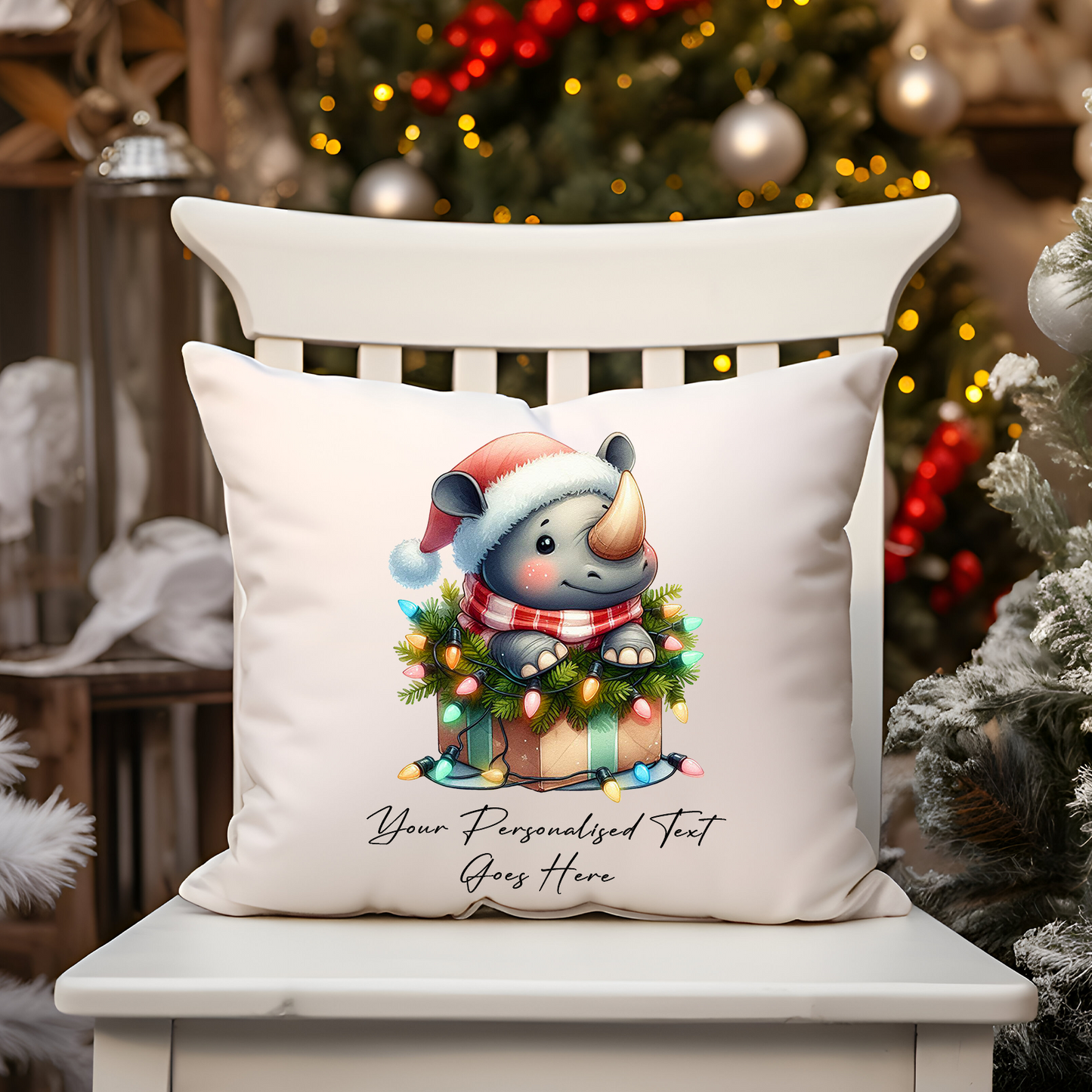 Personalised Rhino in Christmas Lights Cushion Cover Gift - Style A