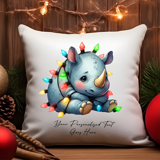 Personalised Rhino in Christmas Lights Cushion Cover Gift - Style B