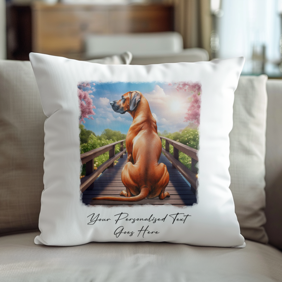 Personalised Rhodesian Ridgeback – Looking out across a Bridge Pet Gift Cushion, by Floppsie Moppsie – floppsiemoppsie at floppsiemoppsie.co.uk