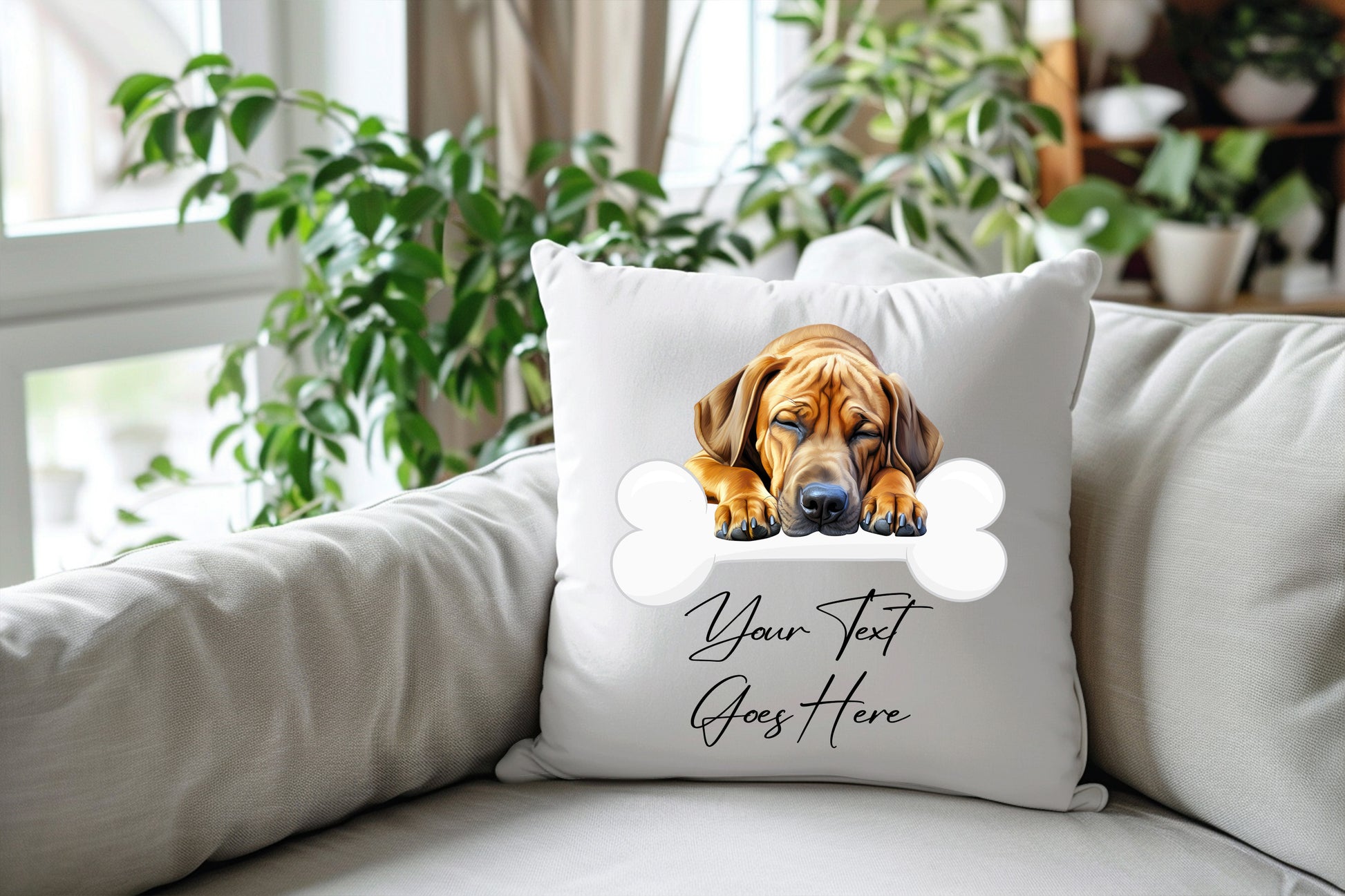 Personalised Rhodesian Ridgeback sleeping on a bone Pet Dog Keepsake Gift Cushion, by Floppsie Moppsie – floppsiemoppsie at floppsiemoppsie.co.uk