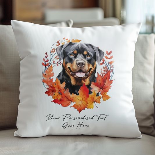 Personalised Rottweiler in an Autumn wreath - Keepsake Gift cushion, by Floppsie Moppsie – floppsiemoppsie at floppsiemoppsie.co.uk