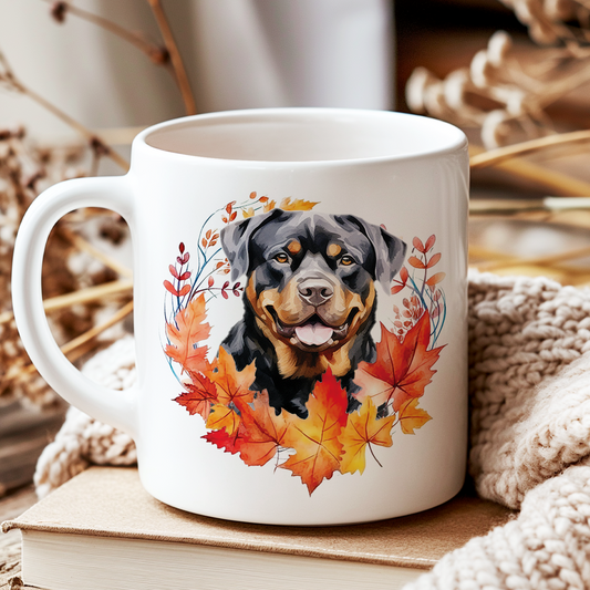 Personalised Rottweiler in an Autumn wreath - Keepsake Mug, ideal gift for Birthday and Christmas Gift, by Floppsie Moppsie – floppsiemoppsie at floppsiemoppsie.co.uk