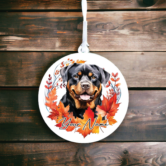 Personalised Dog Rottweiler in an autumn wreath - Keepsake Gift Hanging Decoration, by Floppsie Moppsie – floppsiemoppsie at floppsiemoppsie.co.uk