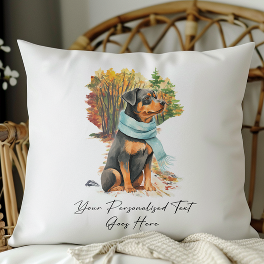 Personalise Rottweiler – on an Autmn Winter Walk wearing a scarf Pet Gift Cushion, by Floppsie Moppsie – floppsiemoppsie at floppsiemoppsie.co.uk