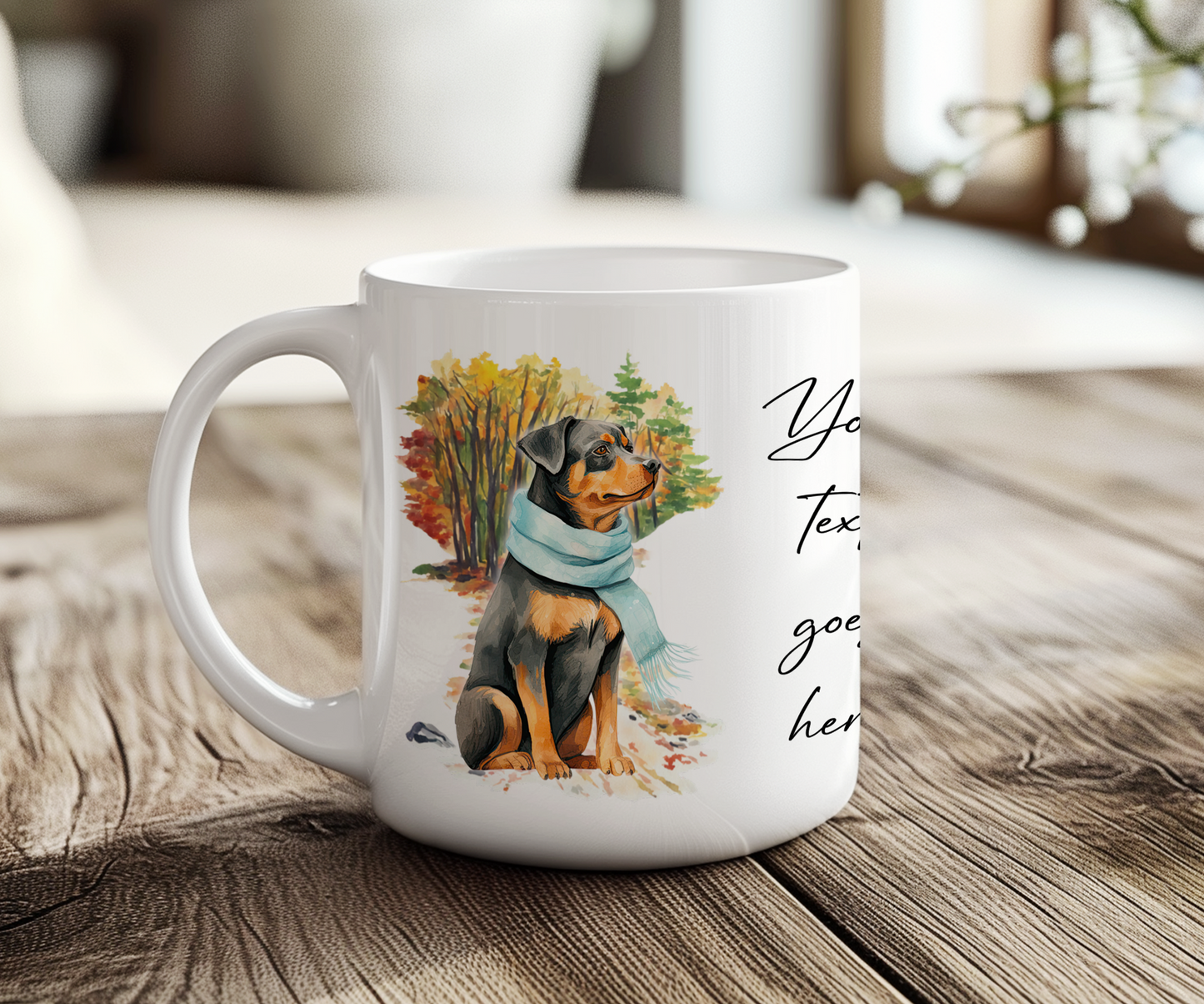 Personalised Rottweiler Dog  Gift Mug wearing an Autumn scarf on a walk