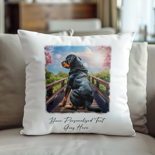 Personalised Rottweiler – Looking out across a Bridge Pet Gift Cushion, by Floppsie Moppsie – floppsiemoppsie at floppsiemoppsie.co.uk