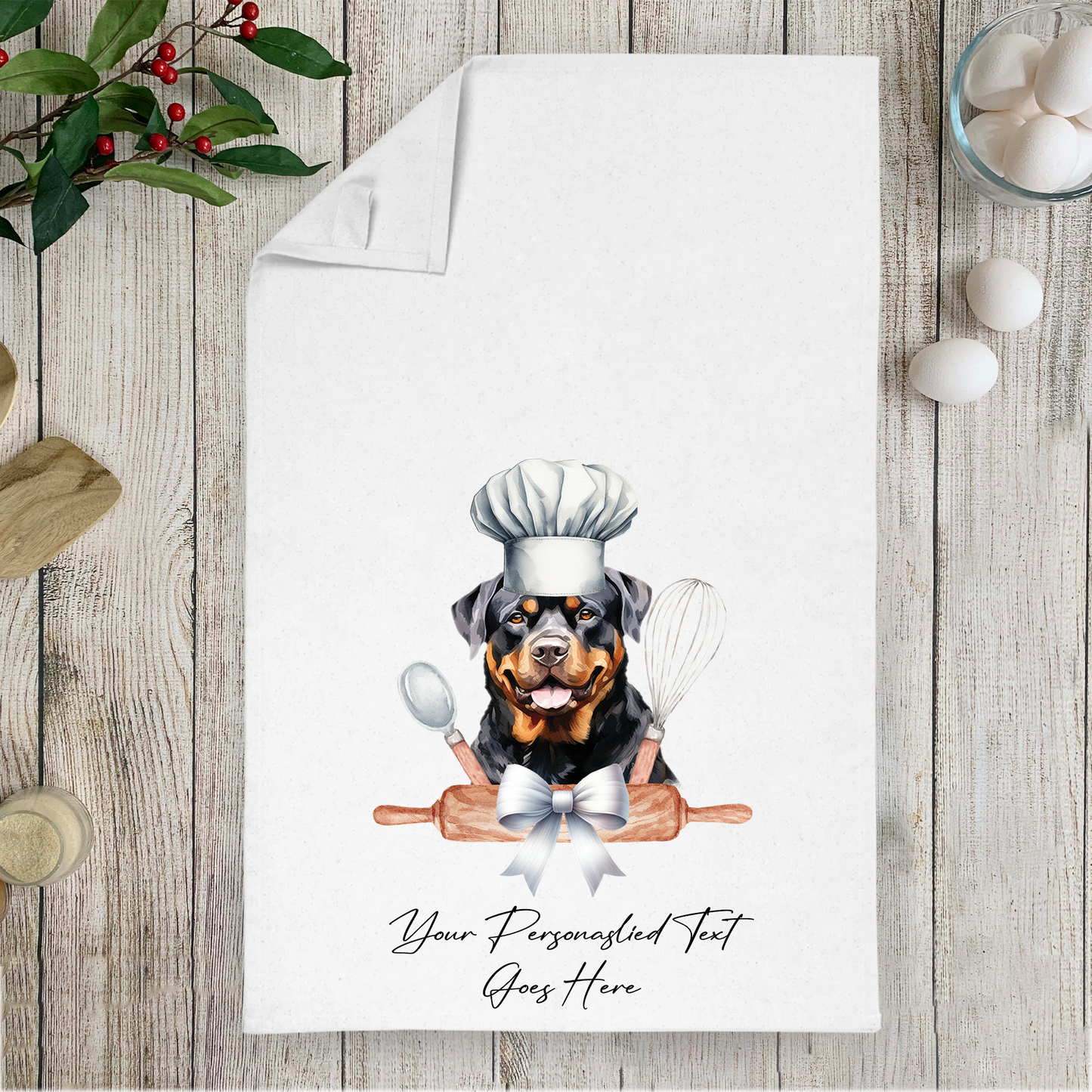 Personalised Dog In Chef Hat Gift Tea Towel - Rottweiler