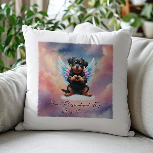 Personalised Dog Memorial Mug of Rottweiler with wings in clouds making a heart sign - Keepsake Gift Cushion, by Floppsie Moppsie – floppsiemoppsie at floppsiemoppsie.co.uk