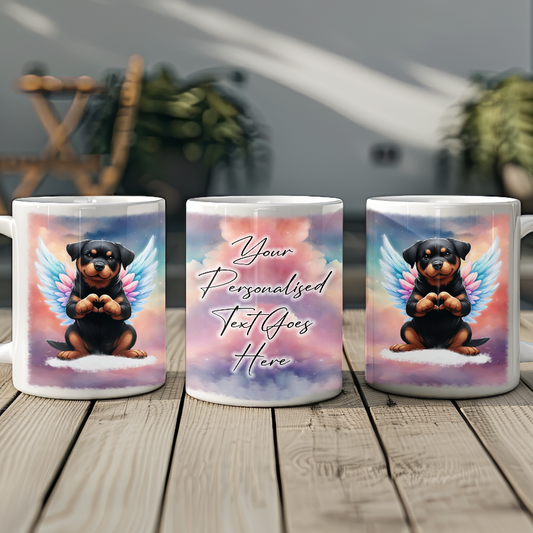 Personalised Dog Memorial Mug of Rottweiler with wings in clouds making a heart sign - Keepsake Gift Mug, by Floppsie Moppsie – floppsiemoppsie at floppsiemoppsie.co.uk