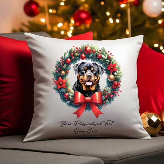 Personalised Rottweiler in a Christmas wreath - Keepsake Gift cushion, by Floppsie Moppsie – floppsiemoppsie at floppsiemoppsie.co.uk