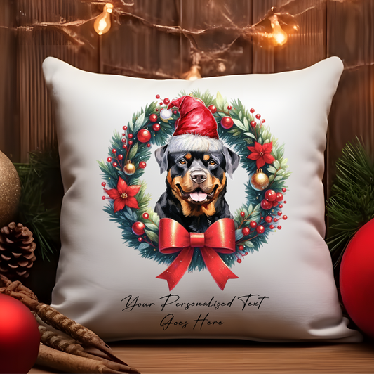 Personalised Rottweiler with Santa Hat in a Christmas wreath - Keepsake Gift cushion, by Floppsie Moppsie – floppsiemoppsie at floppsiemoppsie.co.uk