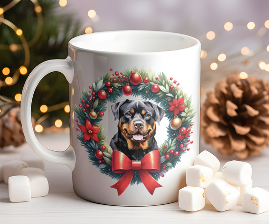 Personalised Rottweiler Dog Christmas Wreath Gift Mug