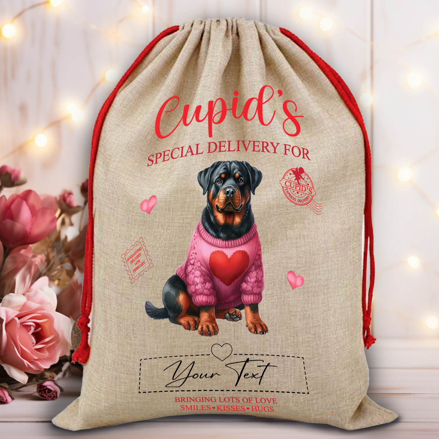 Personalised Dog Love Heart Valentine Anniversary Gift Sack - Rottweiler