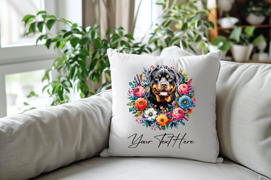 Personalised Rottweiler - Floral Summer Dog Wreath Keepsake Gift Cushion