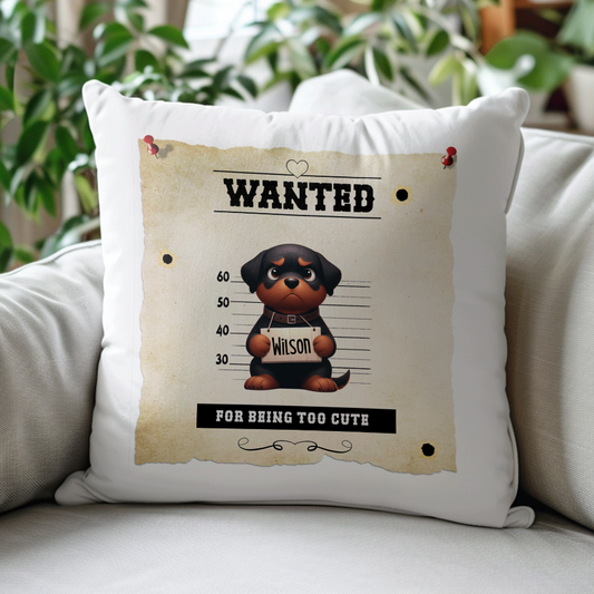 Personalised Dog WANTED Rottweiler in a line-up - Keepsake Gift Cushion, by Floppsie Moppsie – floppsiemoppsie at floppsiemoppsie.co.uk