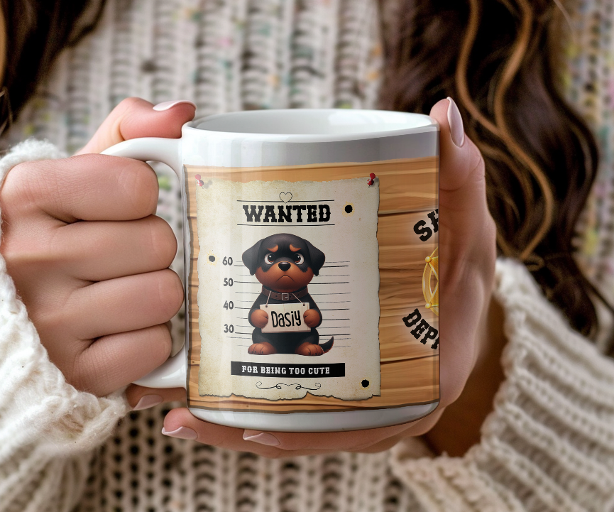 Personalised WANTED Pet Dog mug of a cute Rottweiler on a wanted poster - Keepsake Gift, by Floppsie Moppsie – floppsiemoppsie at floppsiemoppsie.co.uk