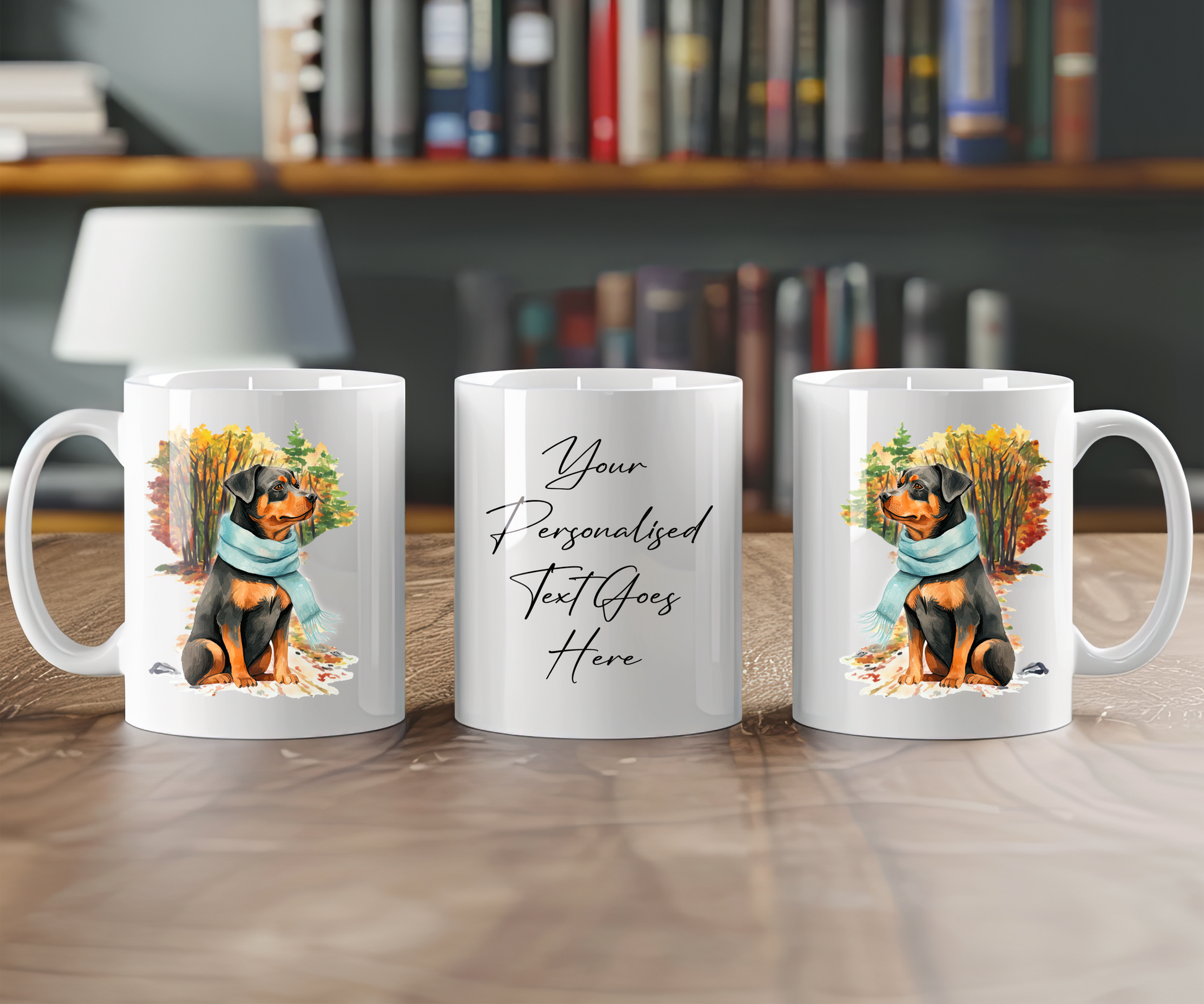 Personalised Rottweiler Dog  Gift Mug wearing an Autumn scarf on a walk