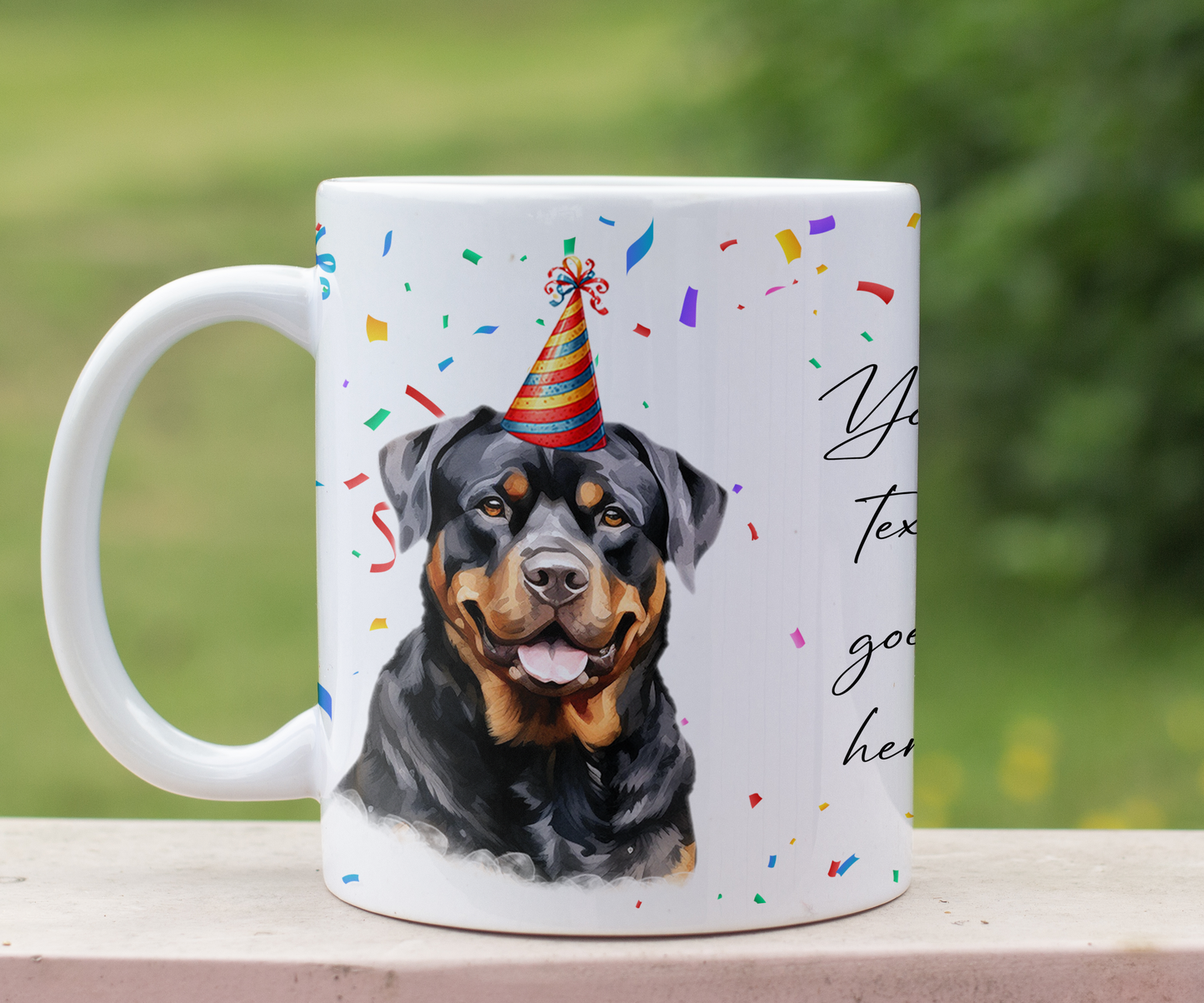 Personalised Dog Gift Mug - Rottweiler with Birthday Congratulations Party Hat