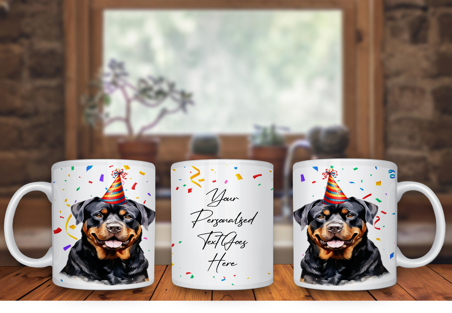 Personalised Dog Gift Mug - Rottweiler with Birthday Congratulations Party Hat