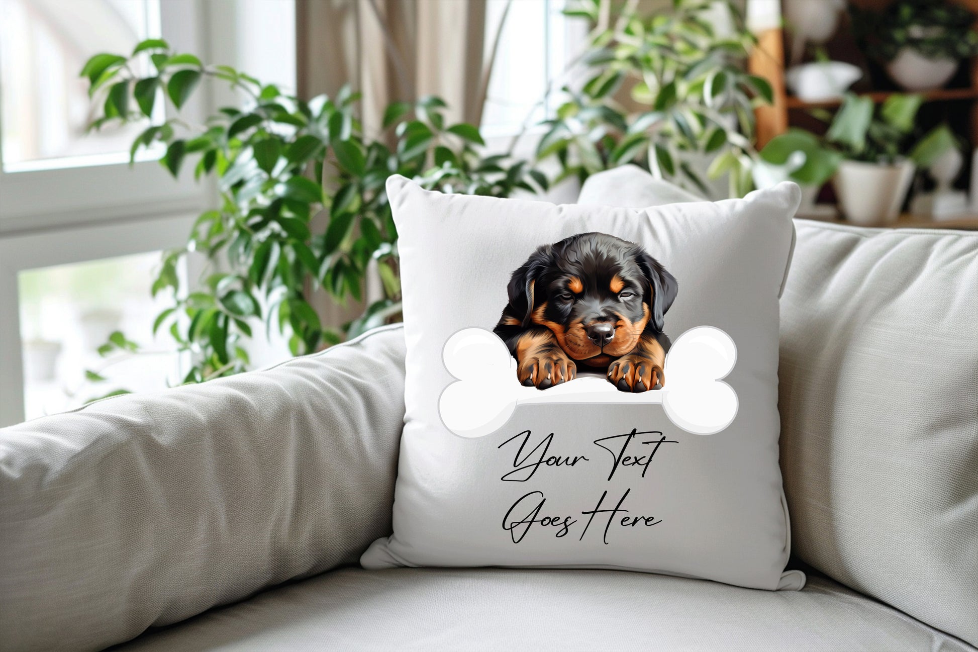 Personalised Rottweiler sleeping on a bone Pet Dog Keepsake Gift Cushion, by Floppsie Moppsie – floppsiemoppsie at floppsiemoppsie.co.uk