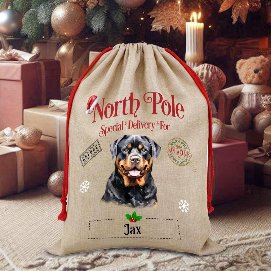 Personalised Dog Rottweiler – North Pole Special Delivery Santa Sack Pet Gift, by Floppsie Moppsie – floppsiemoppsie at floppsiemoppsie.co.uk