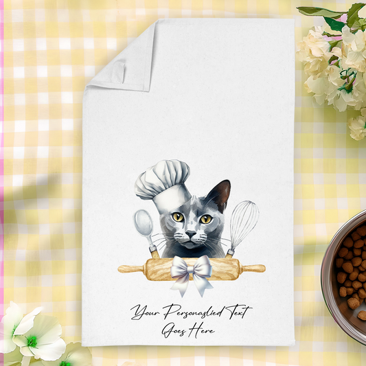 Personalised Cat In Chef Hat Gift Tea Towel - Russian Blue