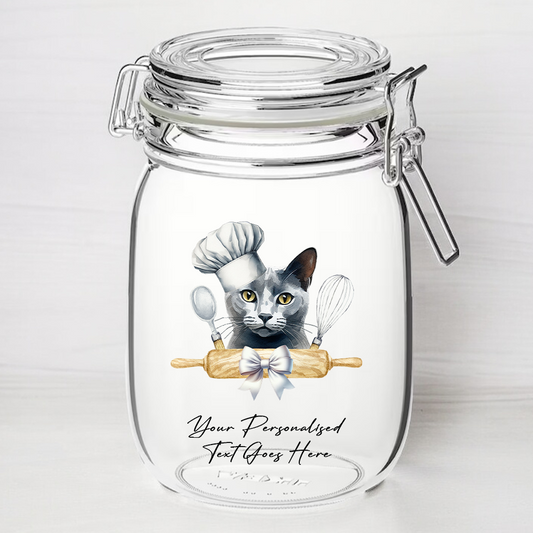 Personalised Russian Blue Chef Cat - Kilner Style Gift Jar