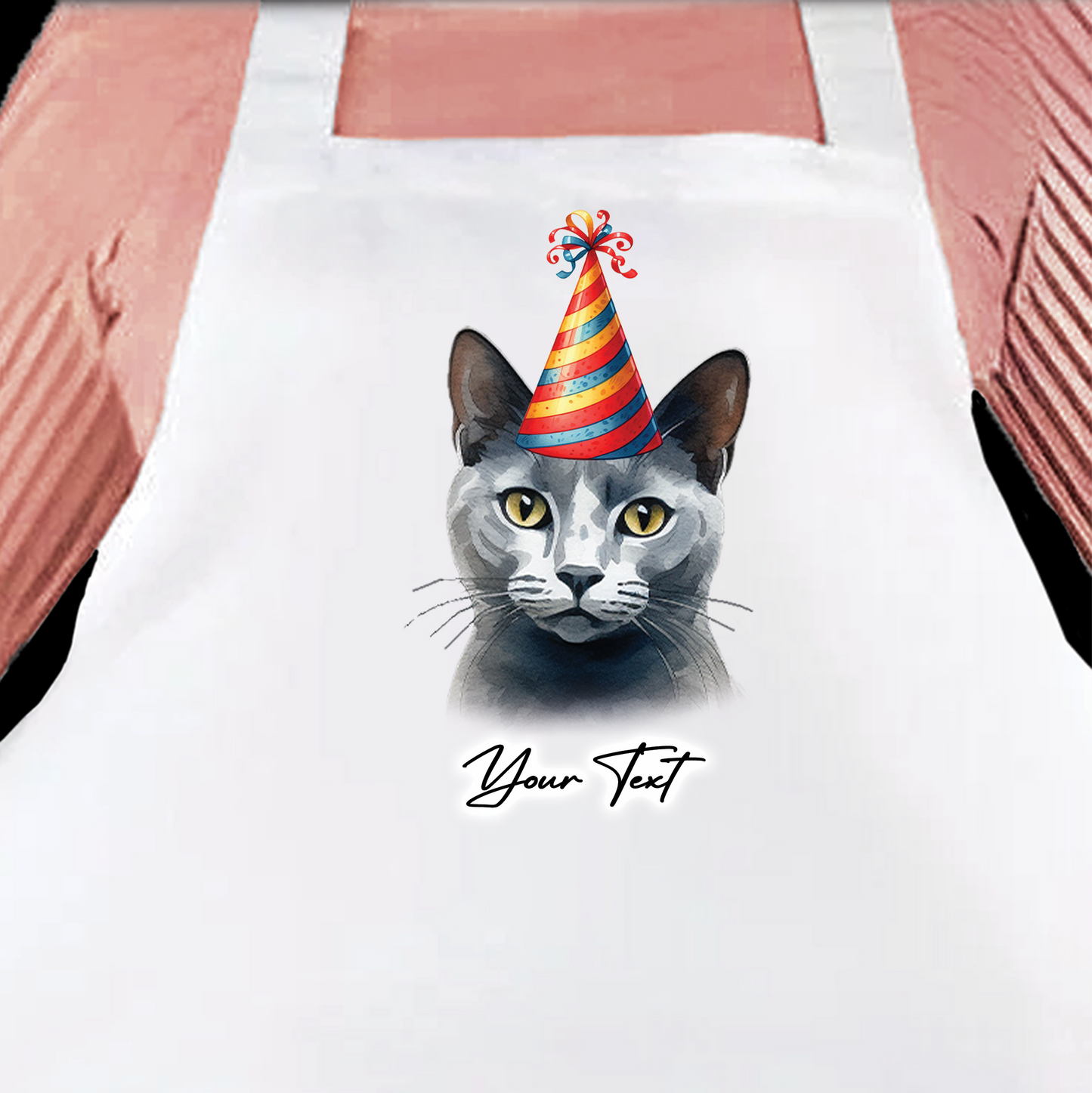 Personalised Cat Birthday Party Hat Cooking Apron - Russian Blue