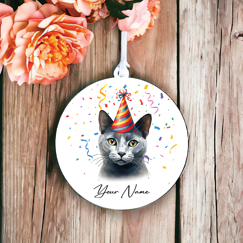 Personalised Russian Blue Cat Birthday Party Hat - Hanging Bauble Decoration