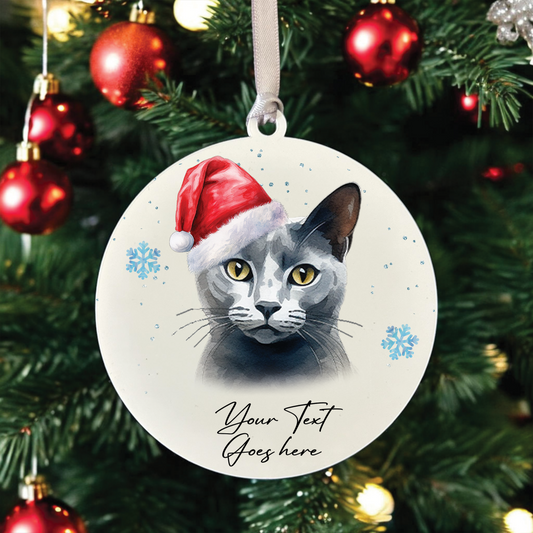 Personalised Christmas Russian Blue in Santa Hat - Hanging Cat Bauble Decoration