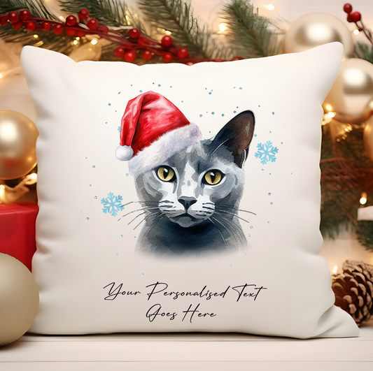 Personalised Cat Christmas Russian Blue in Santa Hat - Cushion Cover Gift