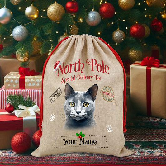 Personalised Russian Blue - Cat North Pole Santa Sack