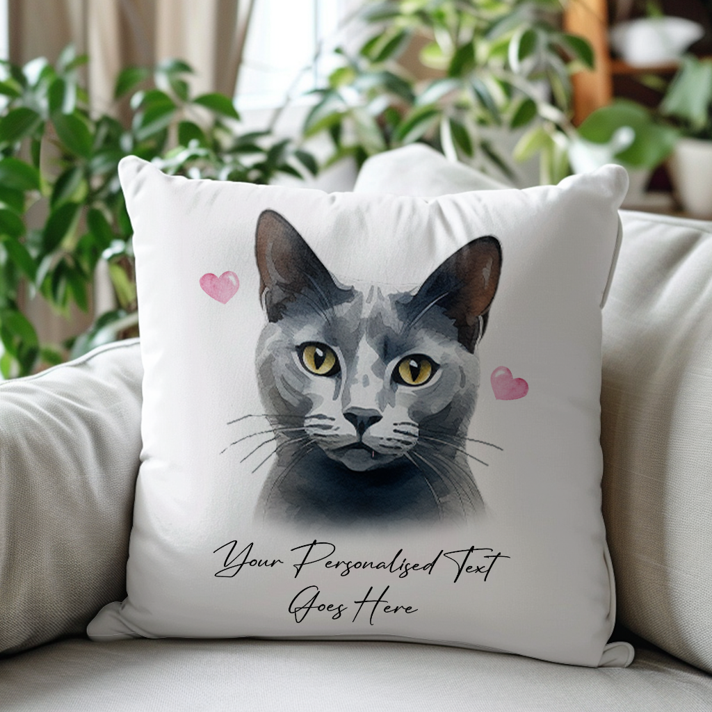 Personalised Russian Blue Cat Love Hearts - Cushion Cover Gift