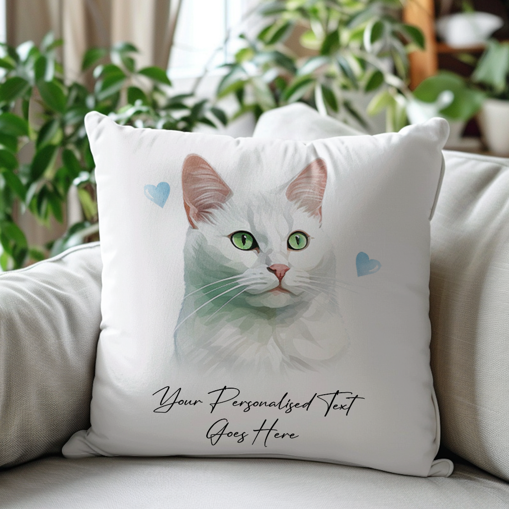 Personalised Russian White Cat Love Hearts - Cushion Cover Gift