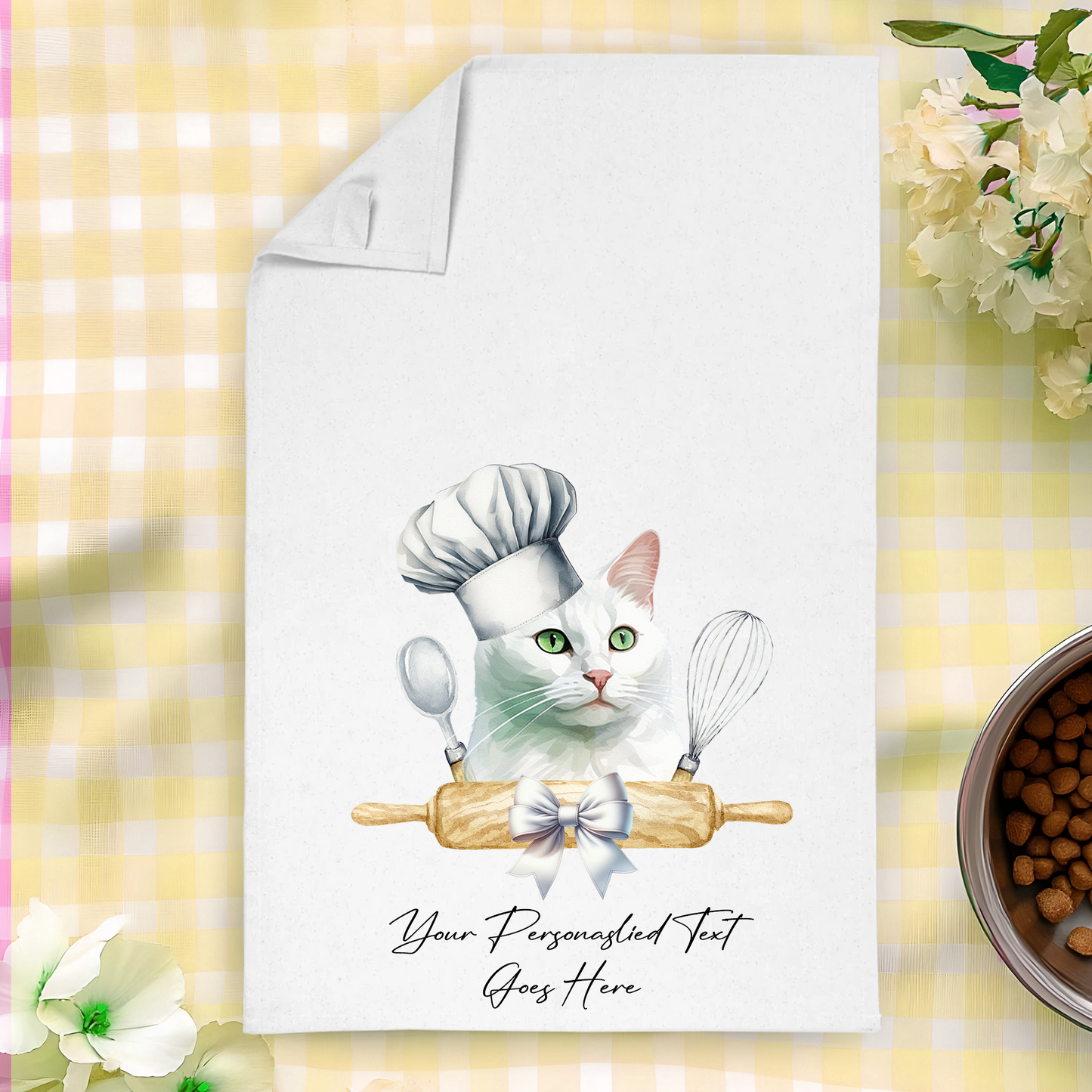 Personalised Cat In Chef Hat Gift Tea Towel - Russian White