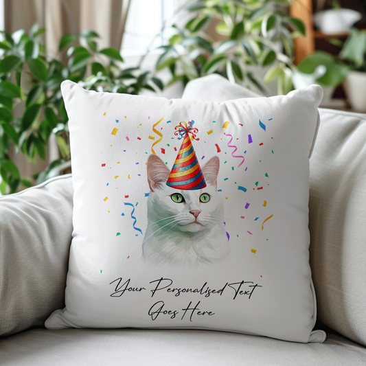 Personalised Russian White Birthday Party Hat Cat - Cushion Cover Gift